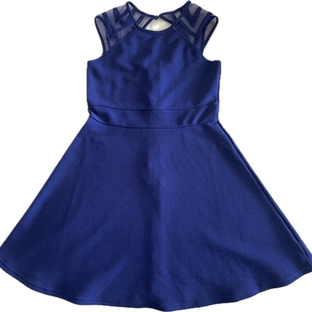 Girls Royal Blue Fit-and-Flare Dress with Mesh Yoke